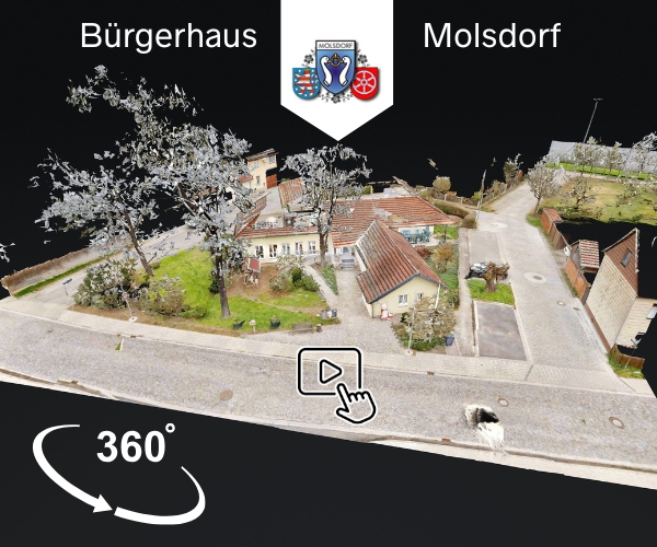 Klicken Sie um den virtuellen Rundgang anzusehen. Sie gelangen dabei auf eine externe Webseite beim Anbieter Matterport. Bürgerhaus Molsdorf Virtueller Rundgang Matterport